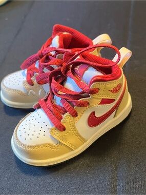 Nike Kids High-Top Sneakers in White, Red & Yellow